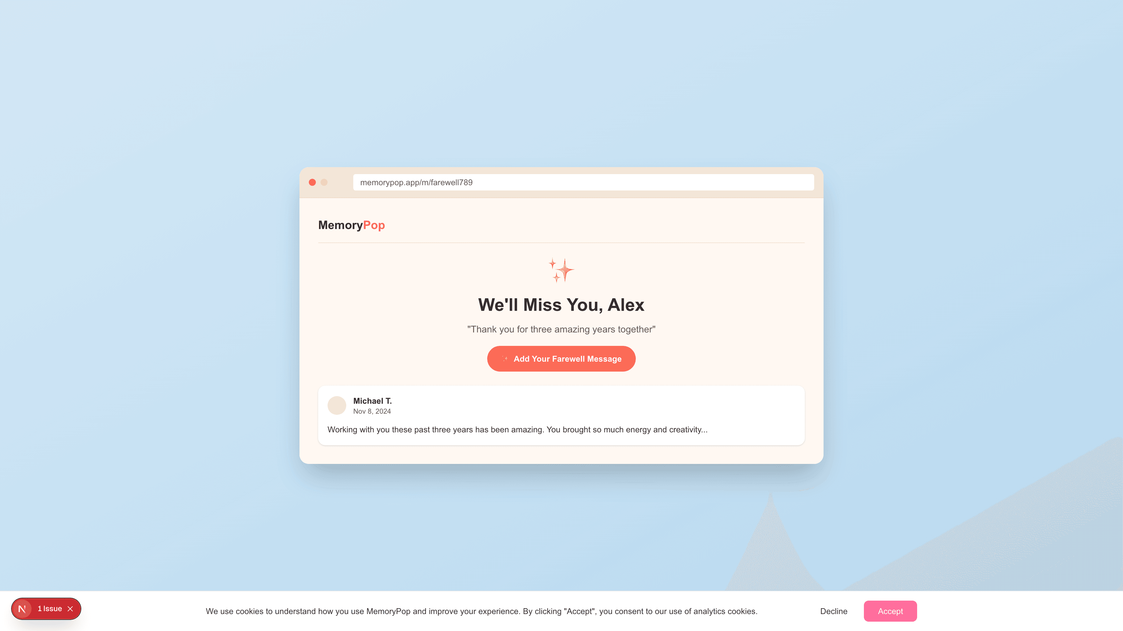 Interactive preview of farewell MemoryPop in browser showing messages and photos