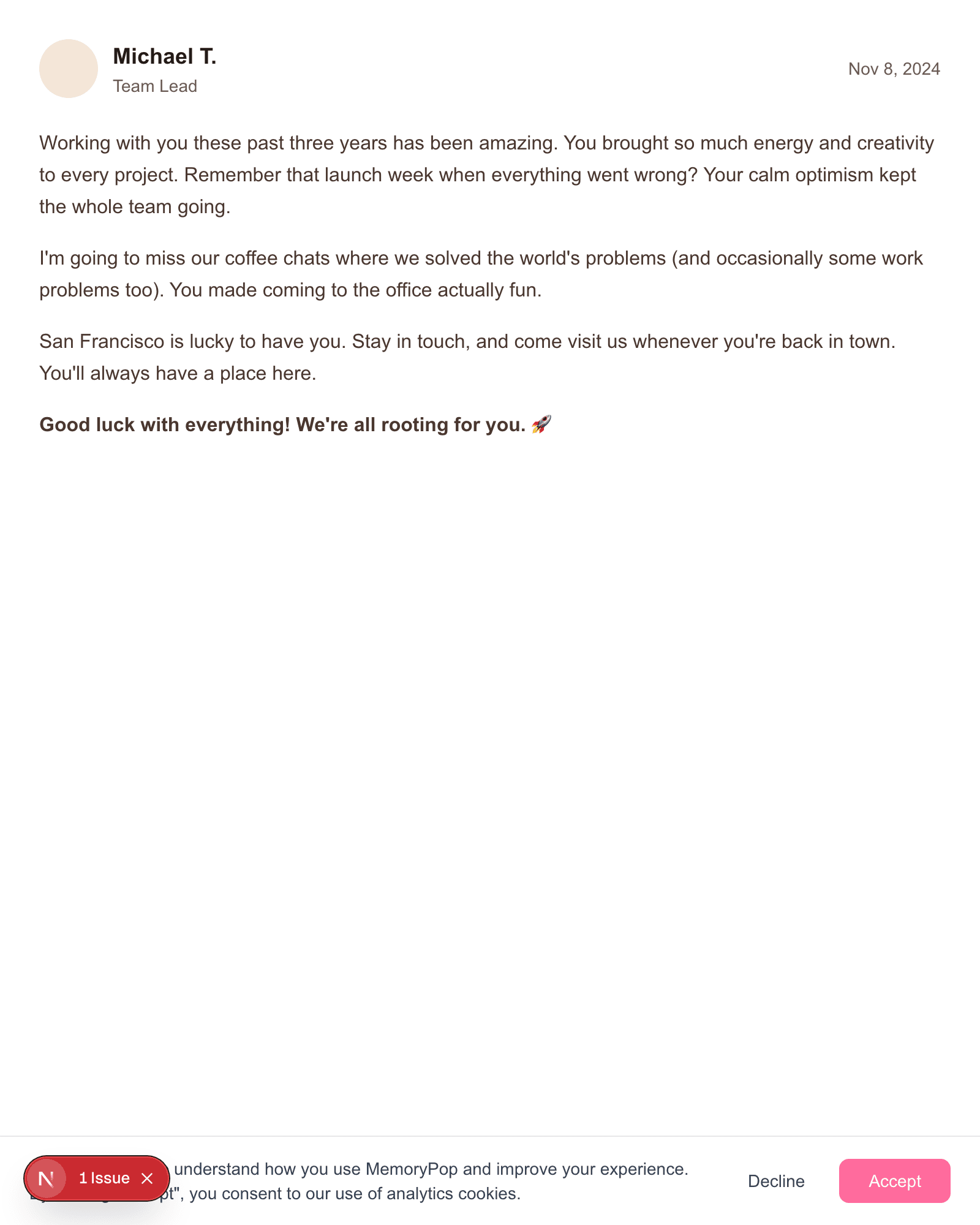 Farewell message card showing heartfelt goodbye from colleague