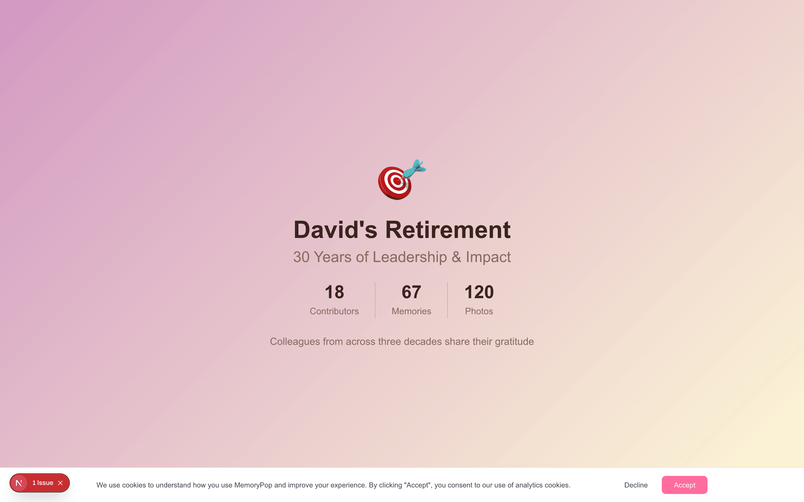 Retirement MemoryPop showing career milestones, contributor count, and legacy